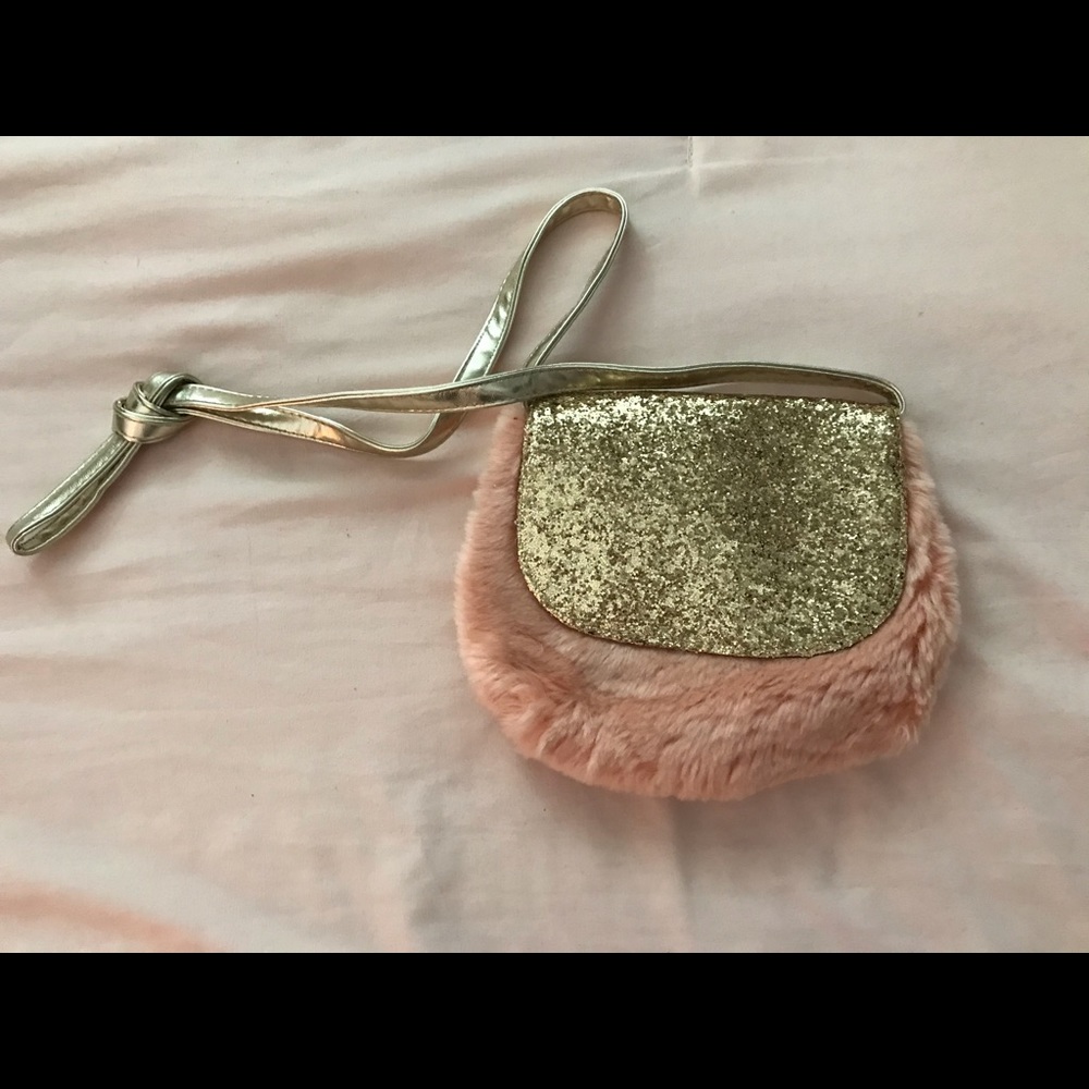 Pink faux fur and gold glitter kids purse